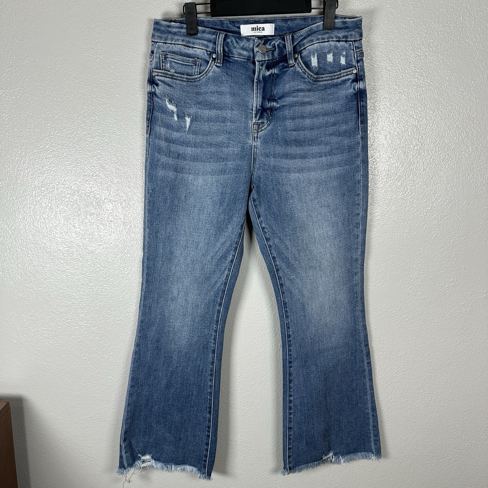 Mica Jeans Womens 30 Stretch Bootcut Frayed Raw Hem Distressed Denim Medium Wash